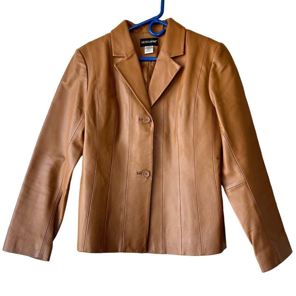 Metrostyle leather jacket coat button front tan brown size 10​